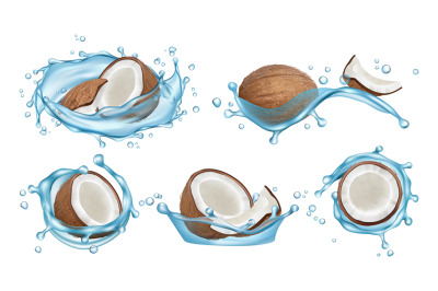 Coconut water set. Vector realistic coconuts and water splashes isolat