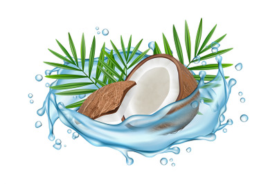 Coconut water vector concept. Realistic coconut, water splashes and pa