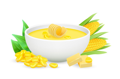 Corn porrige vector. Realistic vector bowl with corn soup and butter i