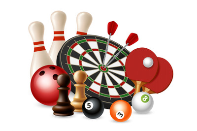 Gambling sport games. Vector bowling, darts, chess, ping pong isolated