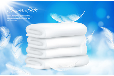 Realistic towels background. Vector white towels with feathers