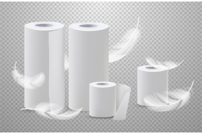 Realistic vector toilete paper and paper towels with feathers