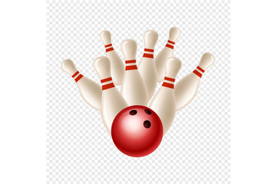 Vector bowling strike. Skittles and ball isolated on transparent backg