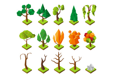 Polygonal isometric trees. Vector low poly trees without foliage, 3D s