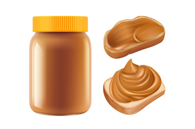 Realistic caramel. Vector caramel jar and sandwiches isolated on white