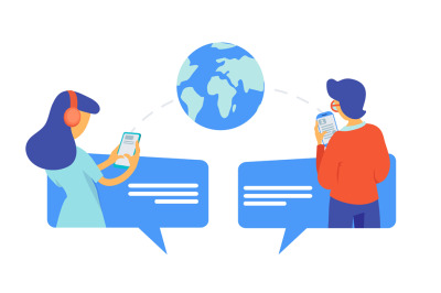 Young people chatting. Vector global information transfer illustration