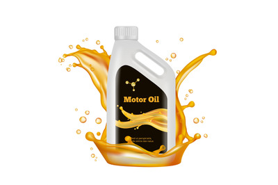 Engine oil bottle. Vector gold oil splashes isolated on white backgrou