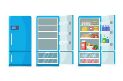 Flat fridge vector. Closed and open empty refrigerator. Blue fridge wi