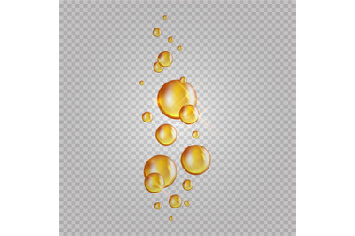 Gold oil bubbles. Vector blink collagen capsules. Cosmetics oil drops