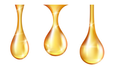 Liquid oil drops. Vector gold oil essence shine droplets isolated on w