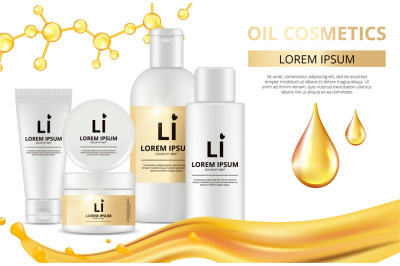 Oil cosmetics bottles. Vector realistic packaging, essential gold oil