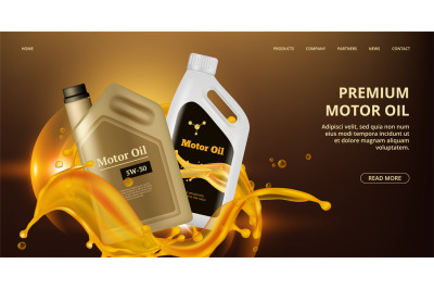 Engine oil landing page. Vector motor oil web page. Realistic plastic