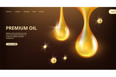 Essential oil landing page. Vector shine flowing drops web banner. Pre