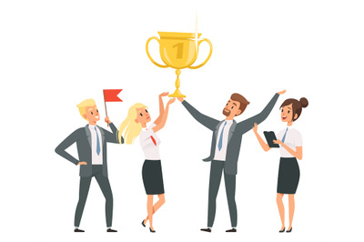 Happy business team with golden trophy vector illustrartion