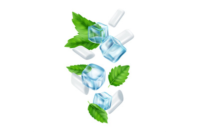 Mint gum and ice cubes. Realistic fresh chewing gums vector illustrati