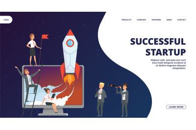 Startup landing page. Vector successful business team web banner