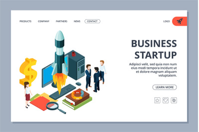 Business startup landing page. Vector isometric young business team an