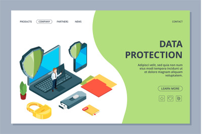 Data protection landing page. Isometric mobile office&2C; security center