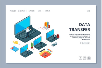 Data transfer landing page. Isometric information transfer web page. B