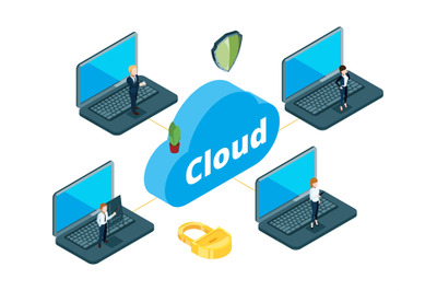 Information transfer concept. Isometric cloud storage. Vector business