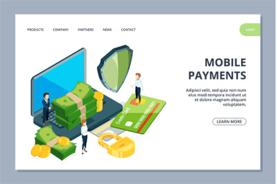 Mobile payments landing page. Isometric online banking vector web bann