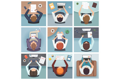 People top view. Meeting business characters desk working space vector