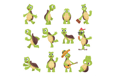 Cartoon turtles. Happy funny animals running tortoise vector collectio