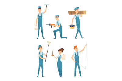 Worker characters. Professional people builders constructors factory w