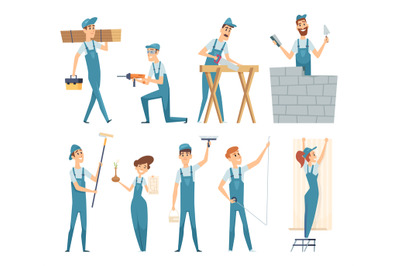 Workers. Male and female builders professional constructors at work ve