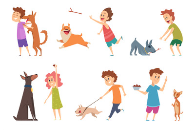 Kids with dogs. Happy children playing hugging their funny pets vector