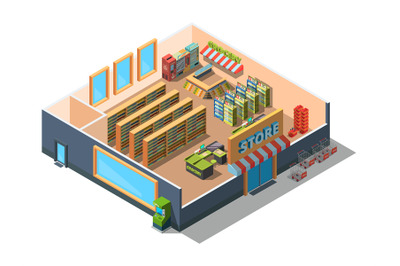 Supermarket interior. Cross section of retail market building mall wit