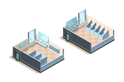 Public toilet. Isometric washroom for male and female people modern si