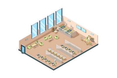 Isometric office. Big corporate open working area building interior ca