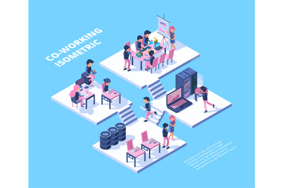 Coworking isometric. Business team freelancer professionals group meet