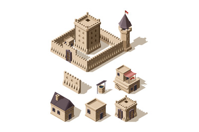 Castles isometric. Medieval historical cartoon architecture buildings