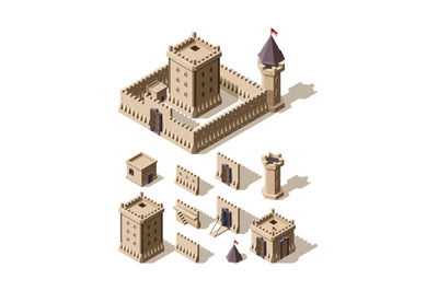 Castles isometric. Creation kit of medieval buildings walls gates towe