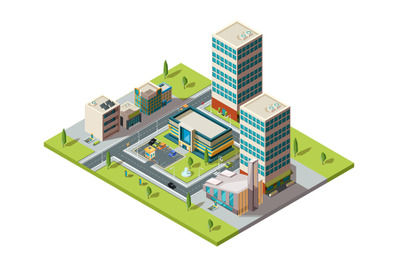 City mall. Urban isometric landscape with big modern building of retai