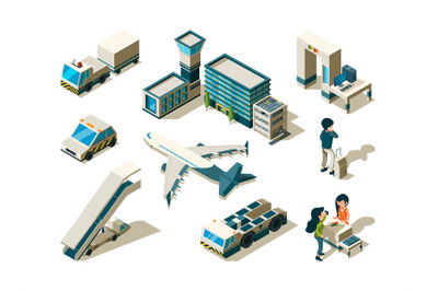 Airport isometric. Control travellers checking passengers luggage conv