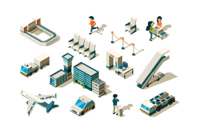 Airport isometric. Terminal equipment security controlling passengers