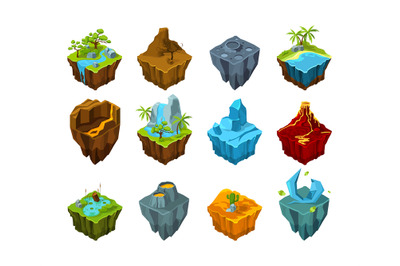 Island isometric. Flying lands with different types of textures crysta