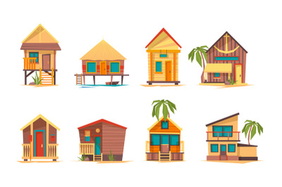 Tropical houses. Bungalow beach buildings island home for summer vacat