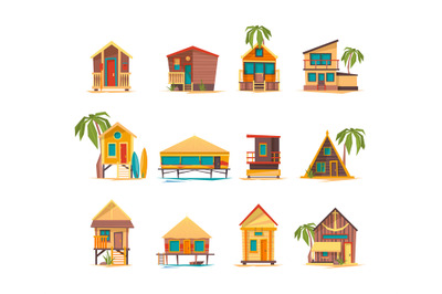 Beach houses. Funny buildings for summer vacation tropical bungalow ca