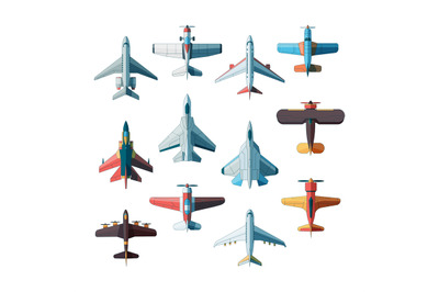 Planes top view. Jet military aircraft vector flat pictures isolated