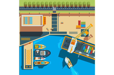 Ship top view. Seaside cargo boats dockyard terminal vector map above