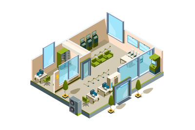 Bank isometric. Modern building interior office open space banking lob