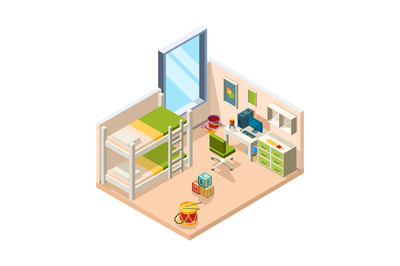 Kids room. Interior for childrens with desk sofa and toys teenage deco