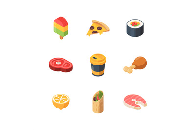 Isometric food. Sushi meal bread fruit fish vector low poly 3d website