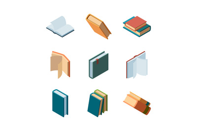 Books isometric. Diary open and closed magazines and books library col