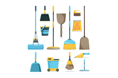 Broom and mops. Hygiene room housework supply household equipment for