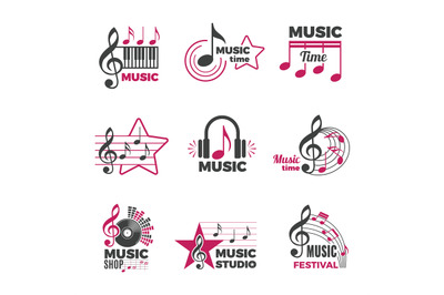 Music notes logo. Badges with song and sound symbols audio podcast rad